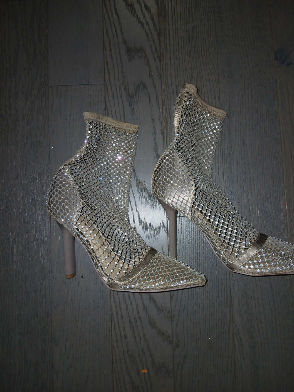 Beige Crystal Mesh Pointed Stiletto Booties